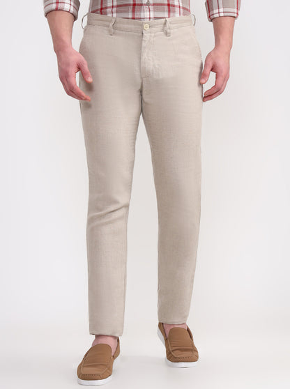 Natural Solid Uno Fit Casual Trouser | JadeBlue