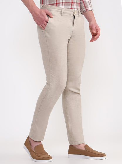 Natural Solid Uno Fit Casual Trouser | JadeBlue