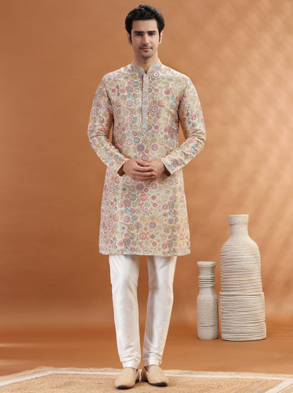 Beige Self Design Kurta Pajama | TULA