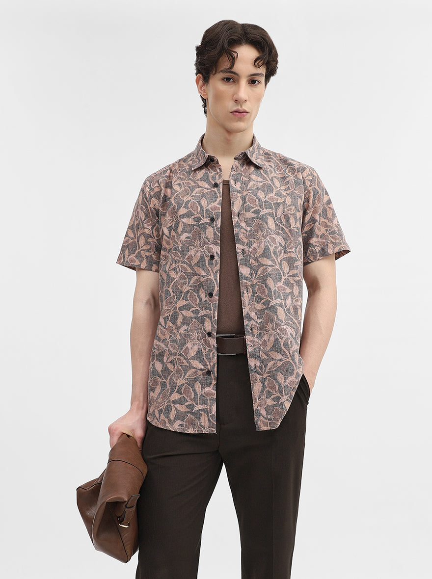 Grey Printed Slim Fit Casual Shirt | Greenfibre
