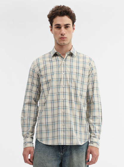 Cream Checked Smart Fit Semi Casual Shirt | Greenfibre
