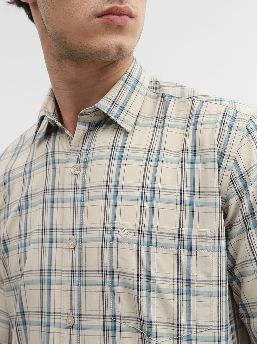 Cream Checked Smart Fit Semi Casual Shirt | Greenfibre