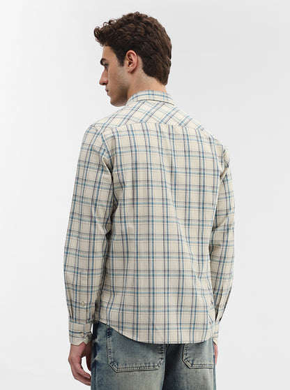 Cream Checked Smart Fit Semi Casual Shirt | Greenfibre