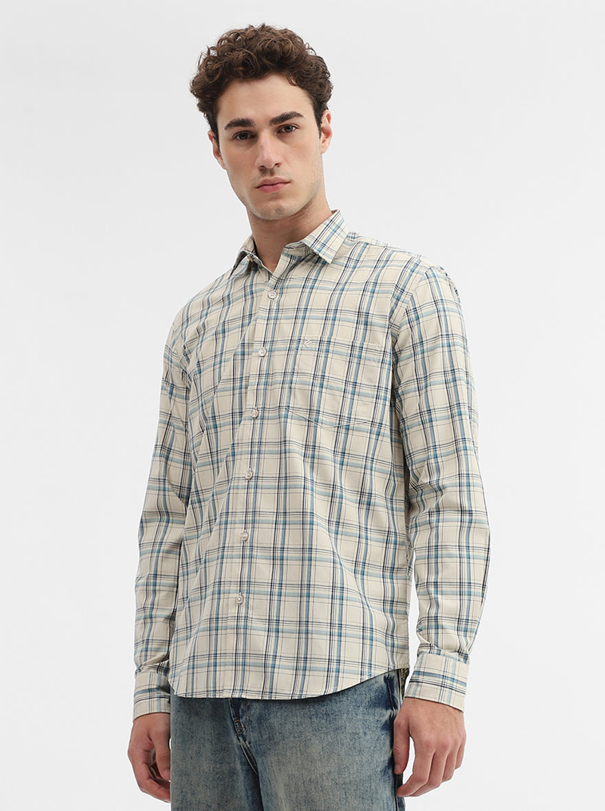 Cream Checked Smart Fit Semi Casual Shirt | Greenfibre
