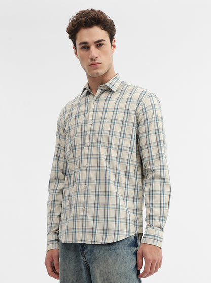 Cream Checked Smart Fit Semi Casual Shirt | Greenfibre