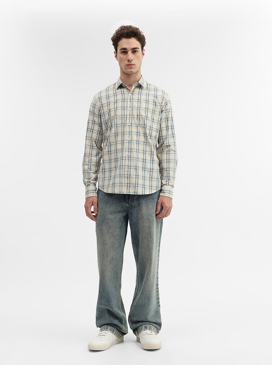 Cream Checked Smart Fit Semi Casual Shirt | Greenfibre