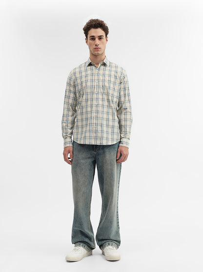 Cream Checked Smart Fit Semi Casual Shirt | Greenfibre