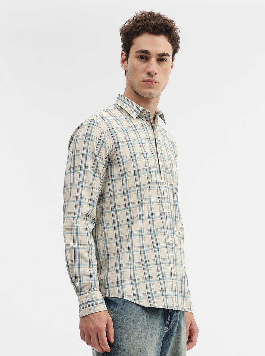 Cream Checked Smart Fit Semi Casual Shirt | Greenfibre