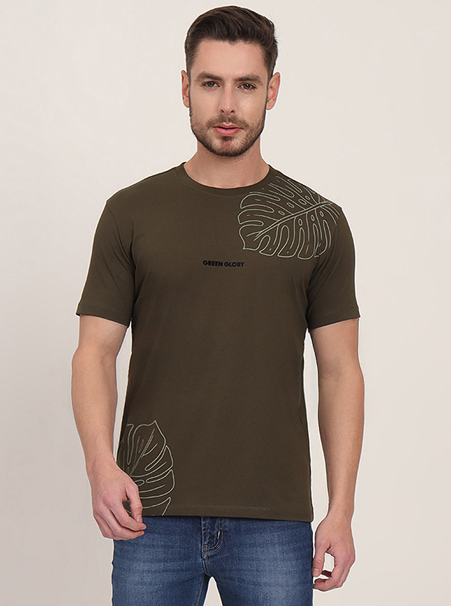 Olive Printed Slim Fit T-Shirt | JadeBlue