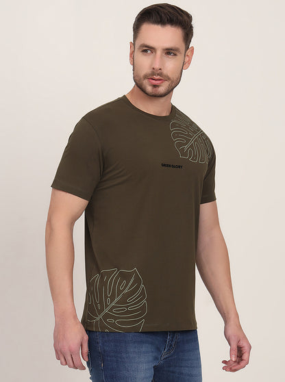 Olive Printed Slim Fit T-Shirt | JadeBlue