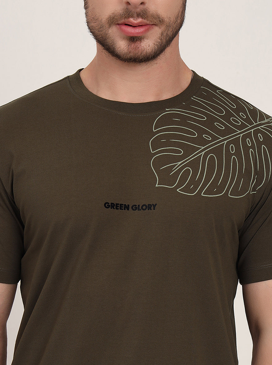 Olive Printed Slim Fit T-Shirt | JadeBlue