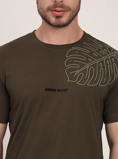 Olive Printed Slim Fit T-Shirt | JadeBlue