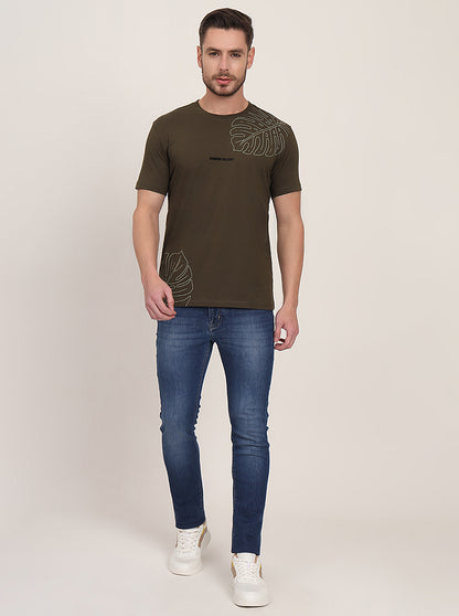 Olive Printed Slim Fit T-Shirt | JadeBlue