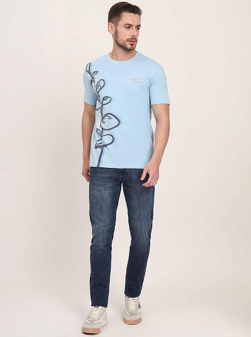 Light Blue Printed Slim Fit T-Shirt | JadeBlue