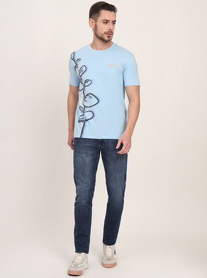 Light Blue Printed Slim Fit T-Shirt | JadeBlue