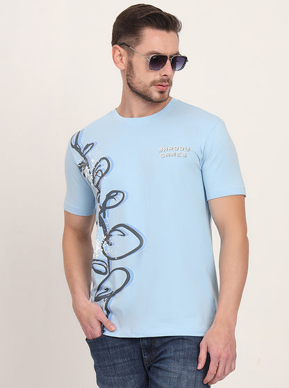 Light Blue Printed Slim Fit T-Shirt | JadeBlue