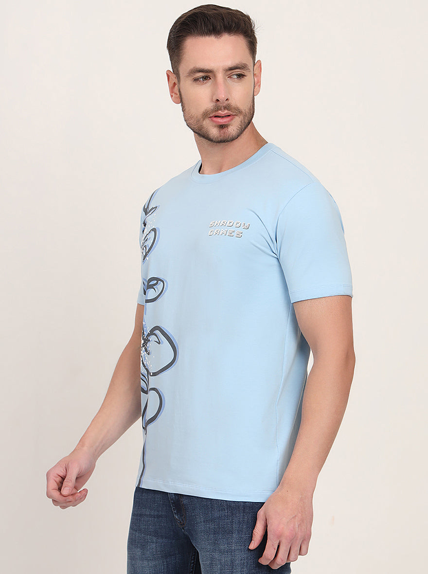 Light Blue Printed Slim Fit T-Shirt | JadeBlue
