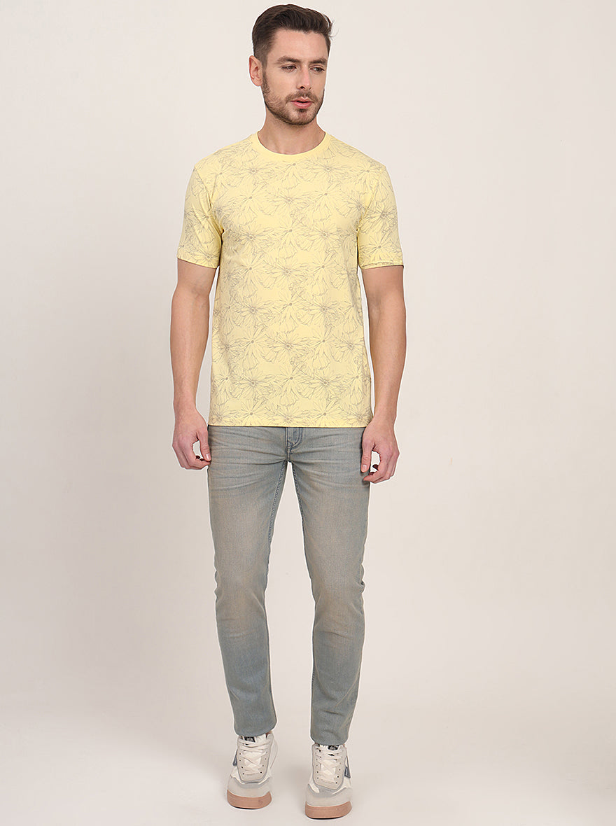 Light Yellow Printed Slim Fit T-Shirt | JadeBlue