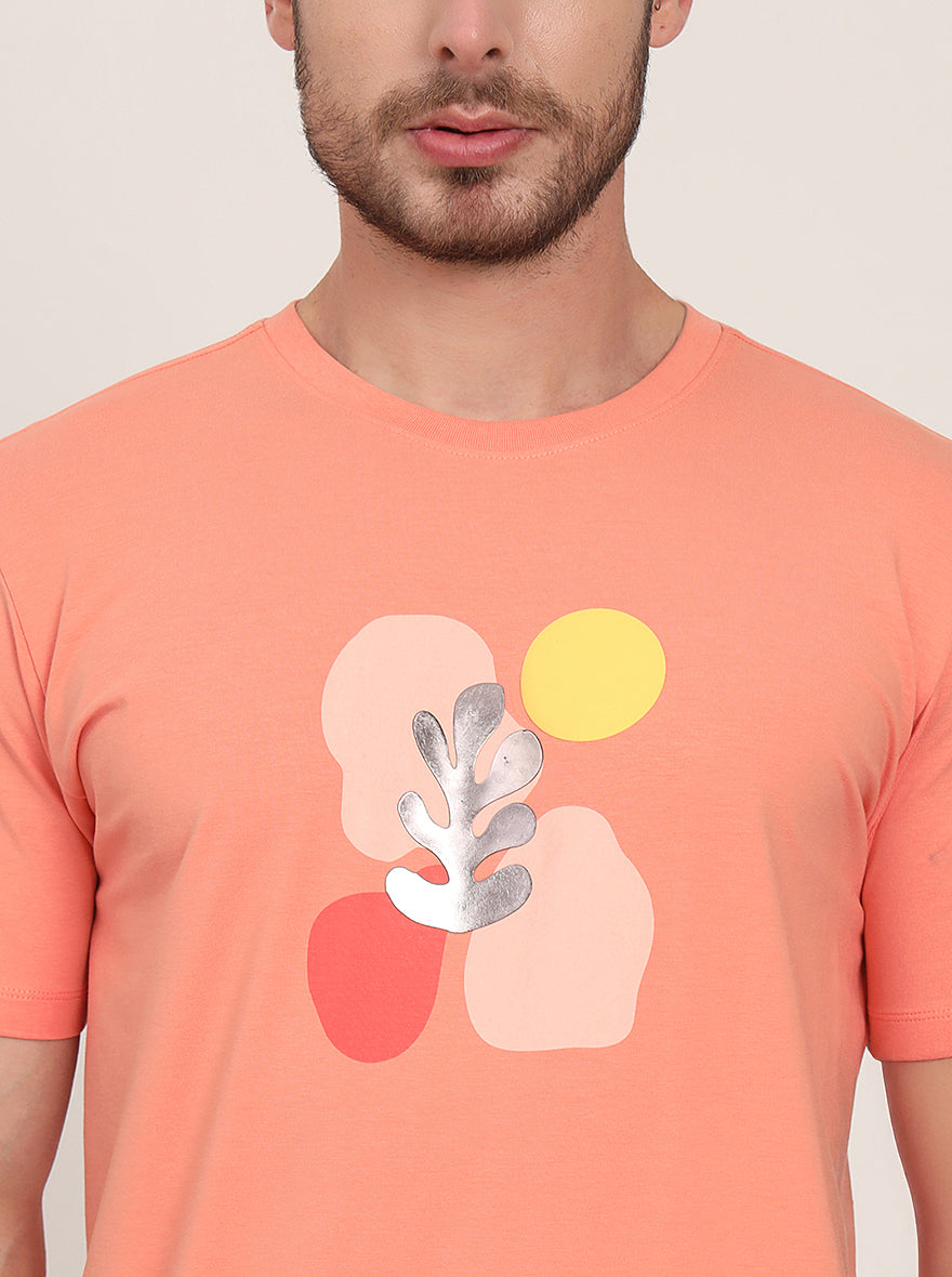 Peach Printed Slim Fit T-Shirt | JadeBlue