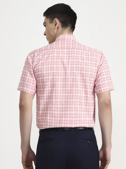 Pink & White Checked Regular Fit Formal Shirt | JadeBlue