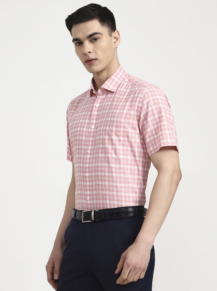 Pink & White Checked Regular Fit Formal Shirt | JadeBlue