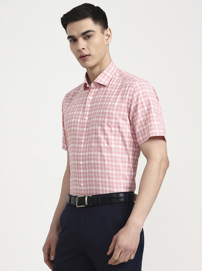 Pink & White Checked Regular Fit Formal Shirt | JadeBlue