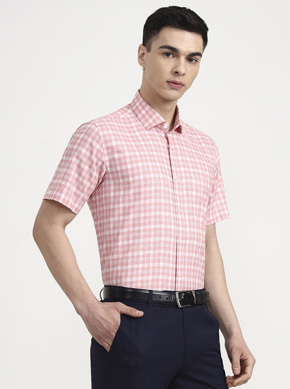 Pink & White Checked Regular Fit Formal Shirt | JadeBlue