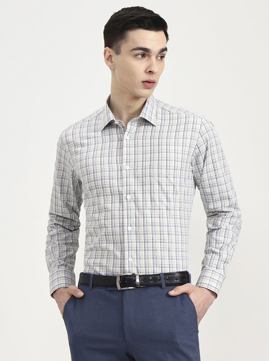 Beige & Blue Checked Regular Fit Formal Shirt | JadeBlue