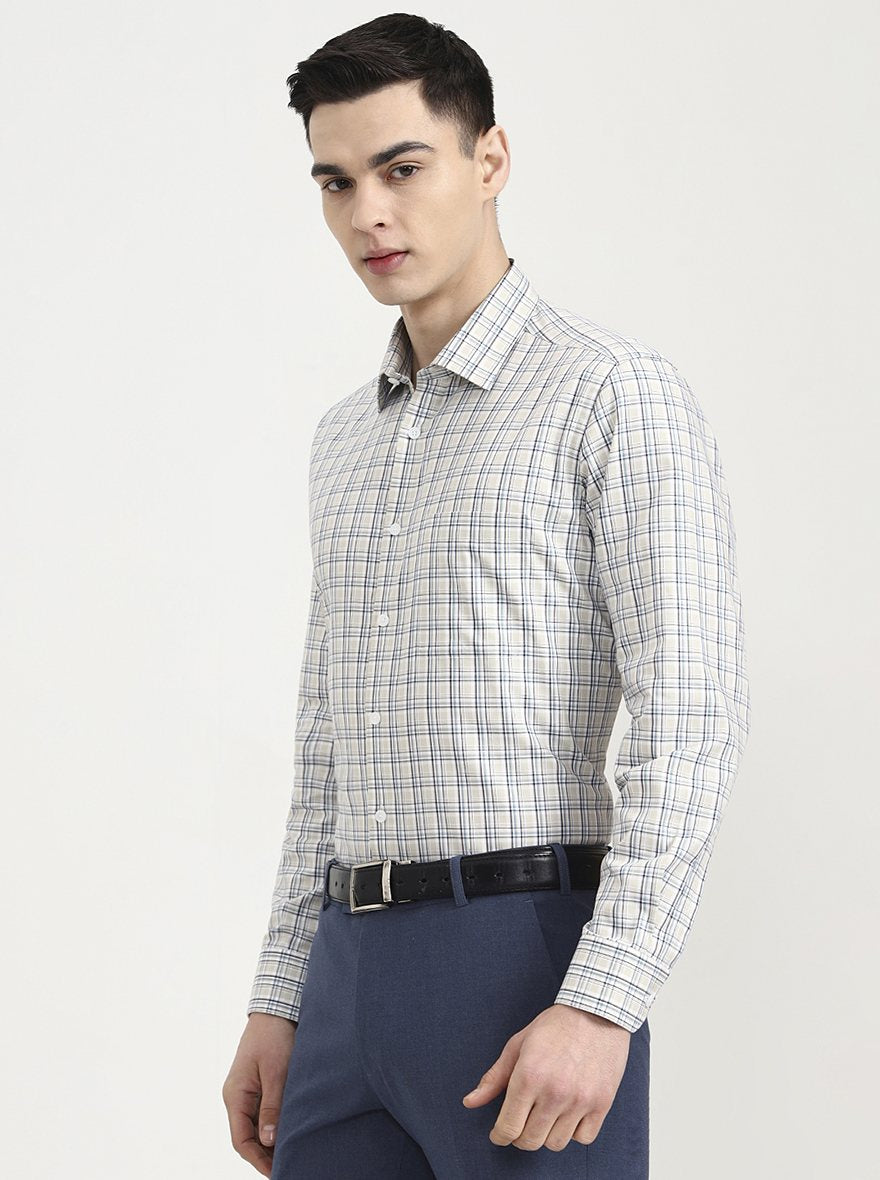 Beige & Blue Checked Regular Fit Formal Shirt | JadeBlue