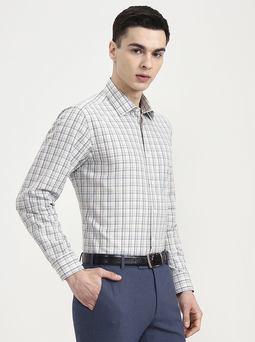 Beige & Blue Checked Regular Fit Formal Shirt | JadeBlue