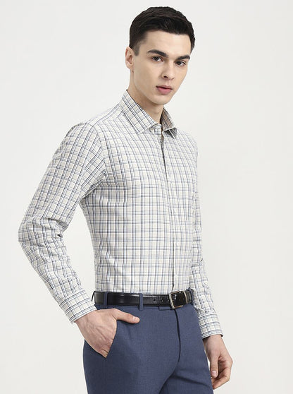 Beige & Blue Checked Regular Fit Formal Shirt | JadeBlue