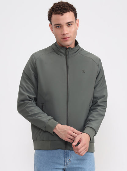 Olive Green Solid Slim Fit Winter Jacket | Greenfibre