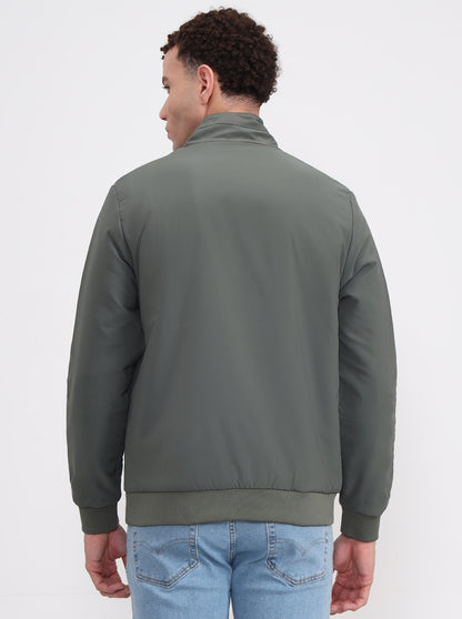 Olive Green Solid Slim Fit Winter Jacket | Greenfibre