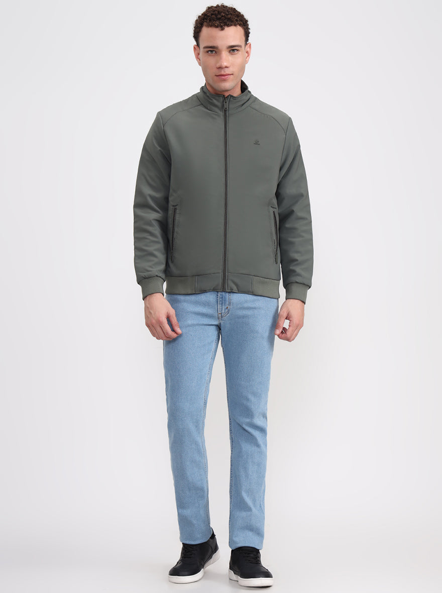 Olive Green Solid Slim Fit Winter Jacket | Greenfibre