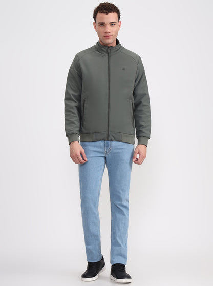 Olive Green Solid Slim Fit Winter Jacket | Greenfibre
