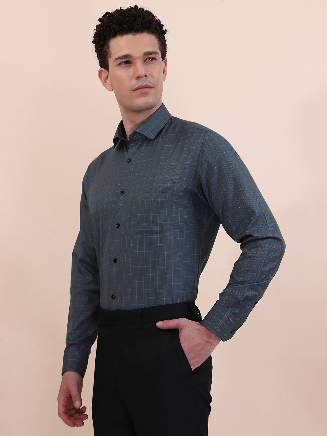 Green Checked Slim Fit Formal Shirt | Greenfibre