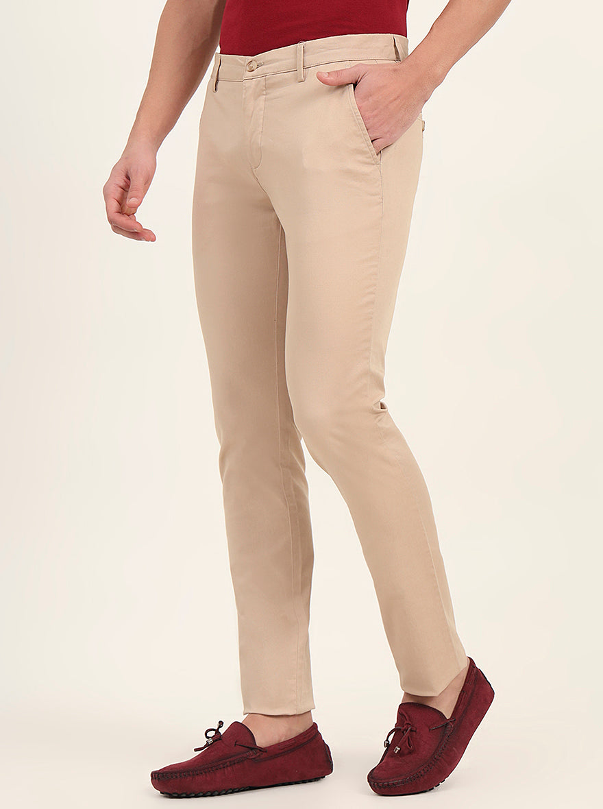 Beige Solid Super Slim Fit Casual Trouser | Greenfibre