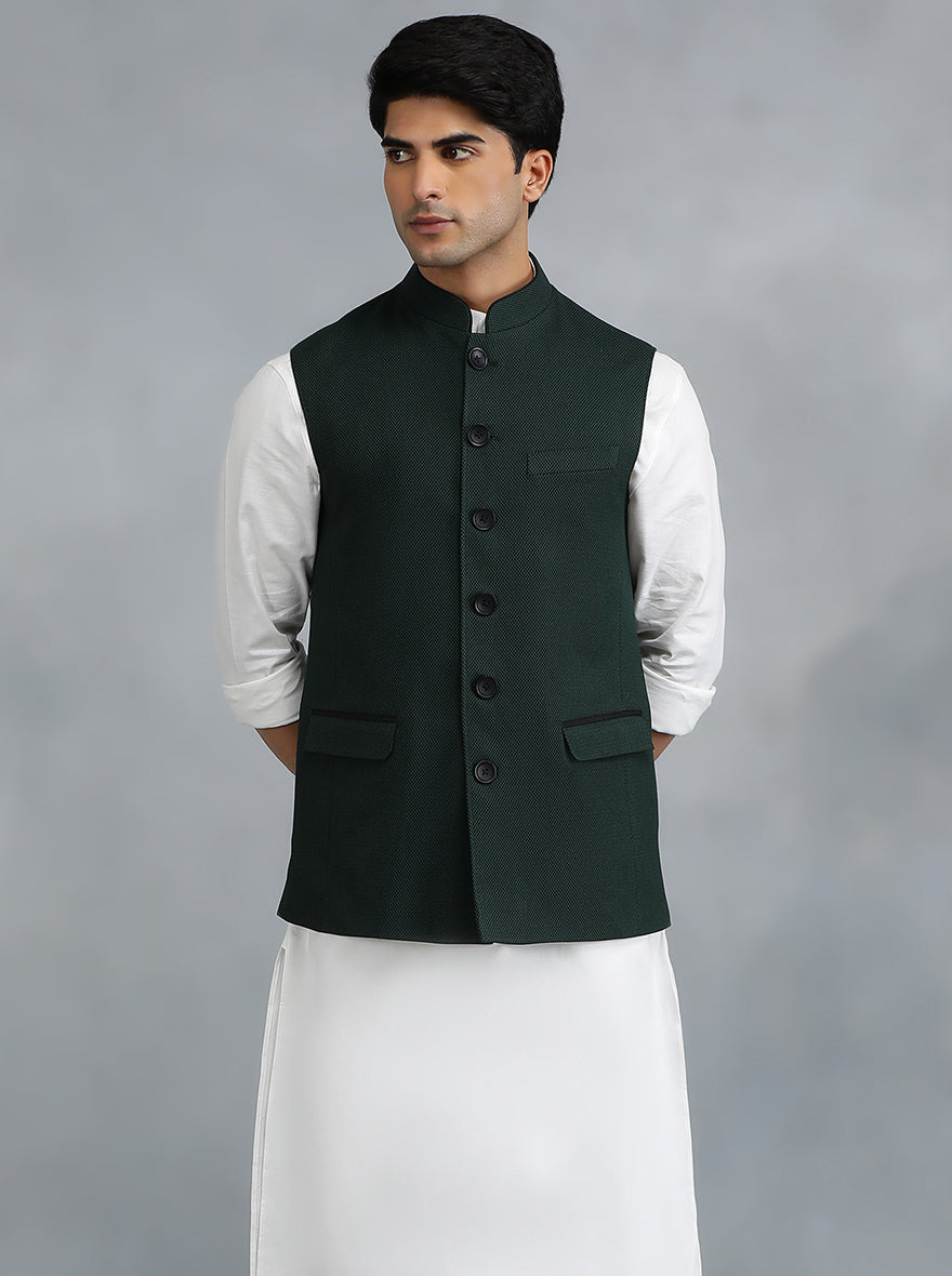 Modi Jacket Green Terry Wool Solid Modi Jacket Regular Fit