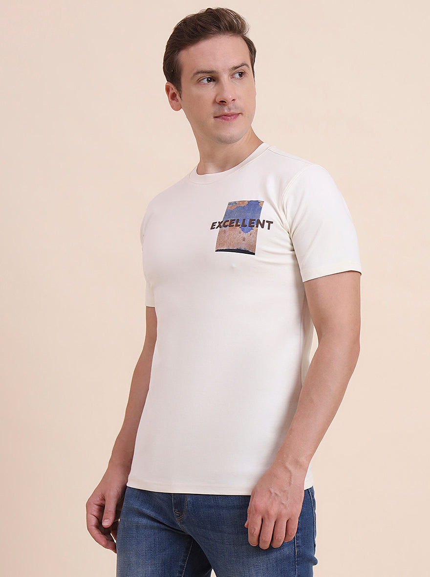 Cream Printed Slim Fit T-Shirt | JadeBlue