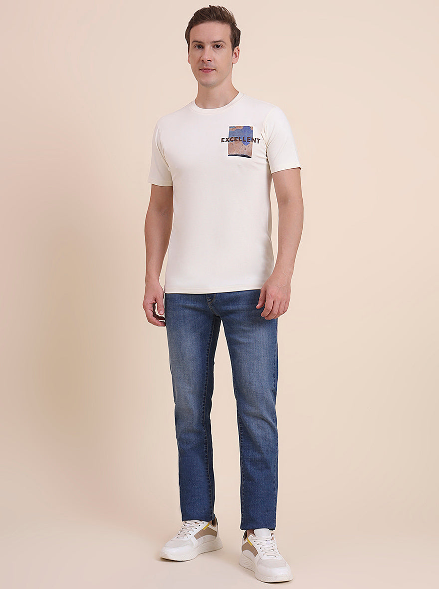 Cream Printed Slim Fit T-Shirt | JadeBlue