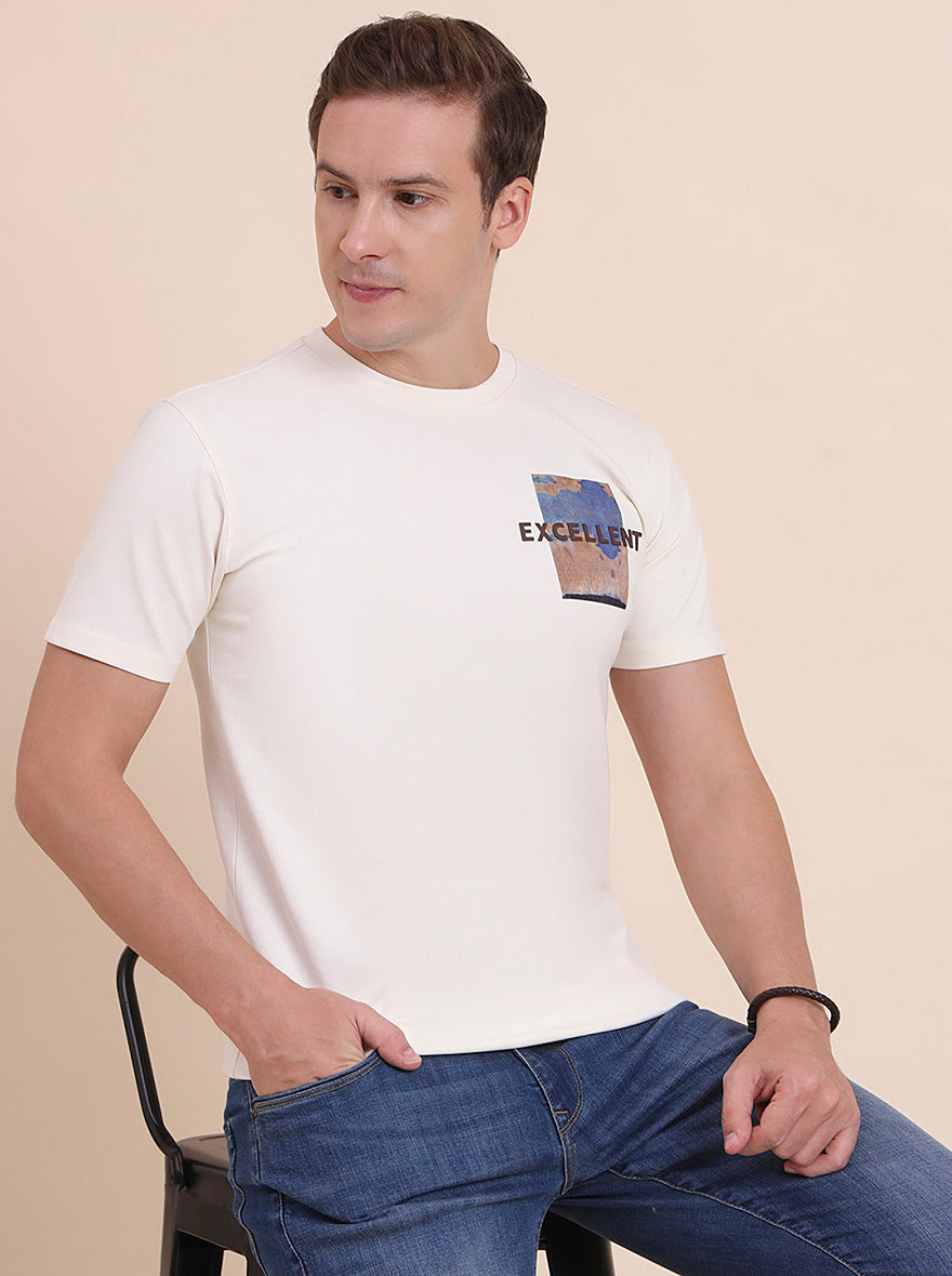 Cream Printed Slim Fit T-Shirt | JadeBlue
