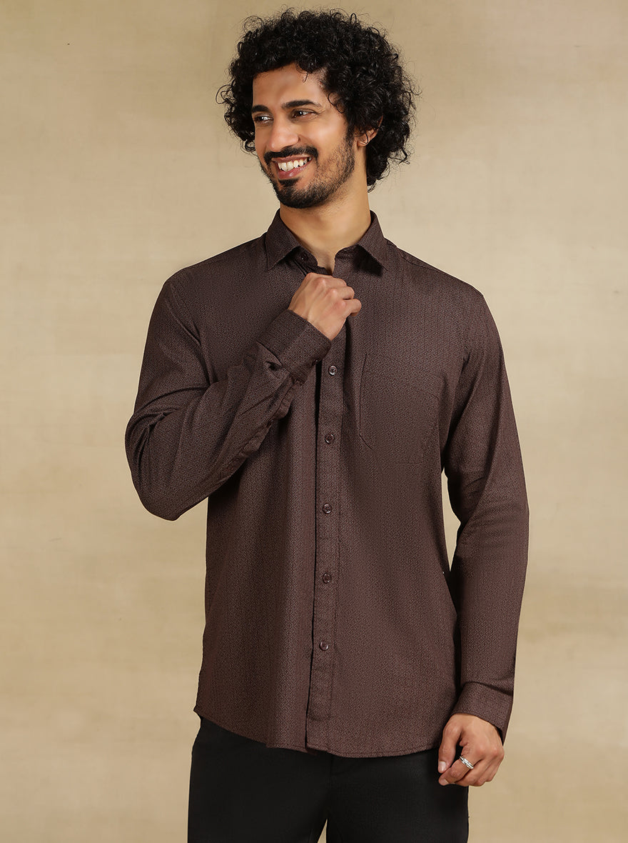 Brown Printed Tailored Fit Semi Casual Shirt | JadeBlue