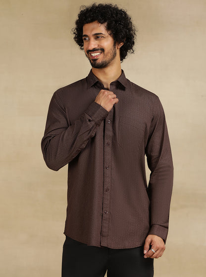 Brown Printed Tailored Fit Semi Casual Shirt | JadeBlue