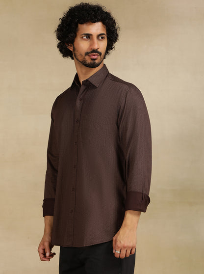 Brown Printed Tailored Fit Semi Casual Shirt | JadeBlue