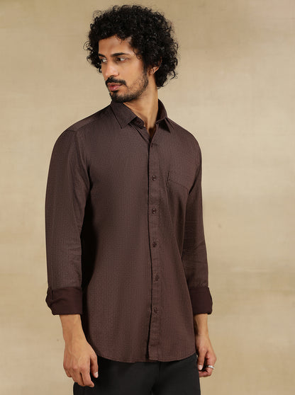 Brown Printed Tailored Fit Semi Casual Shirt | JadeBlue