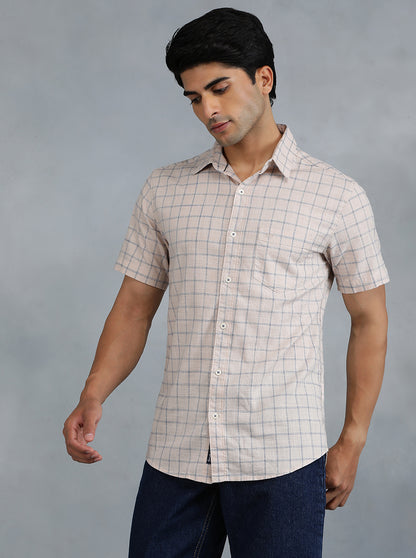 Peach Checked Slim Fit Casual Shirt | JadeBlue