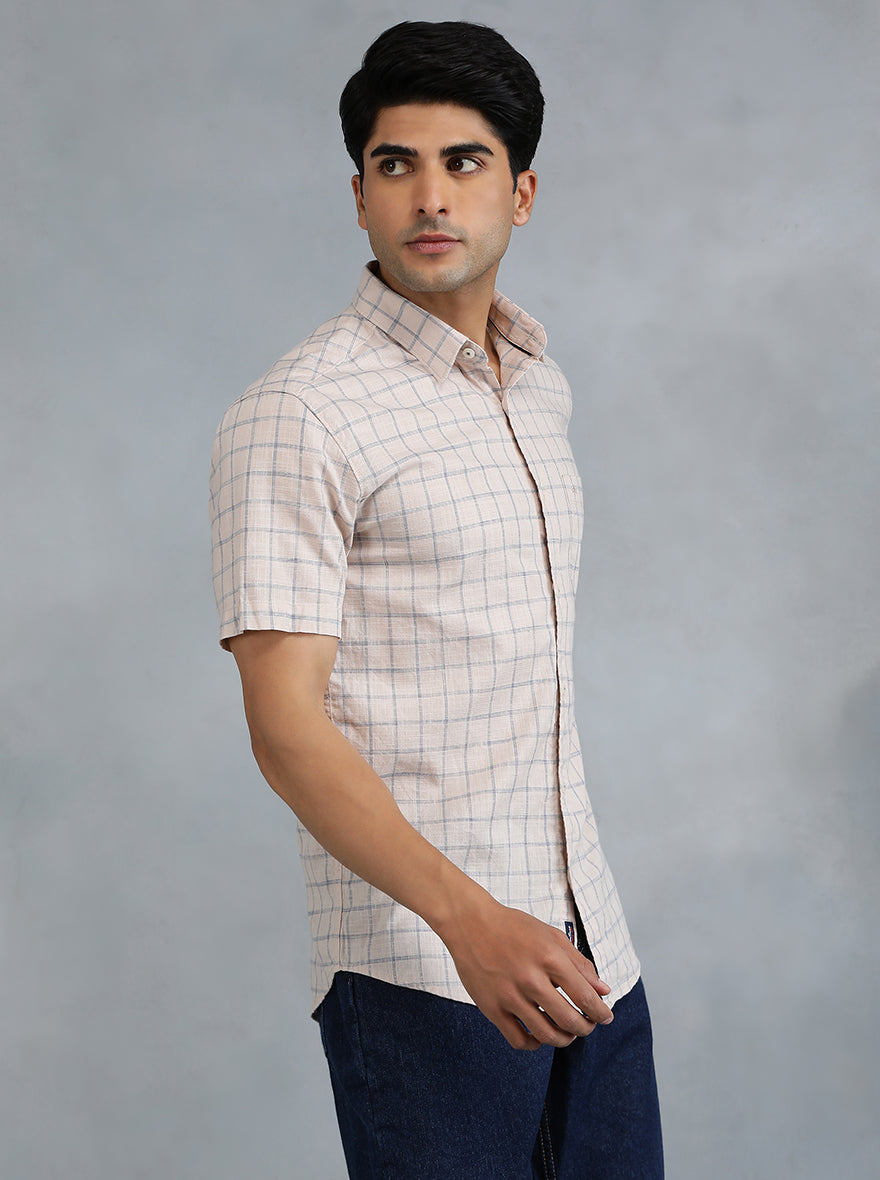 Peach Checked Slim Fit Casual Shirt | JadeBlue
