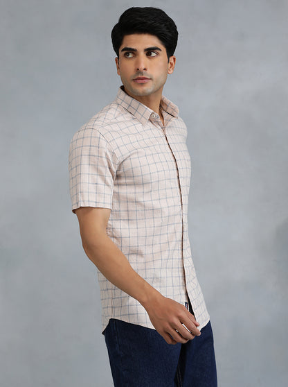 Peach Checked Slim Fit Casual Shirt | JadeBlue