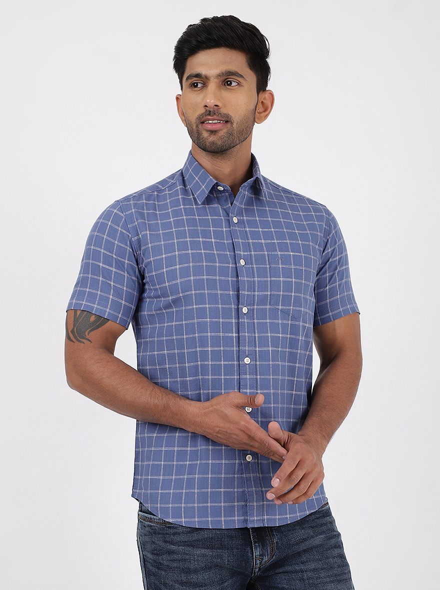Blue Checked Slim Fit Casual Shirt | JadeBlue