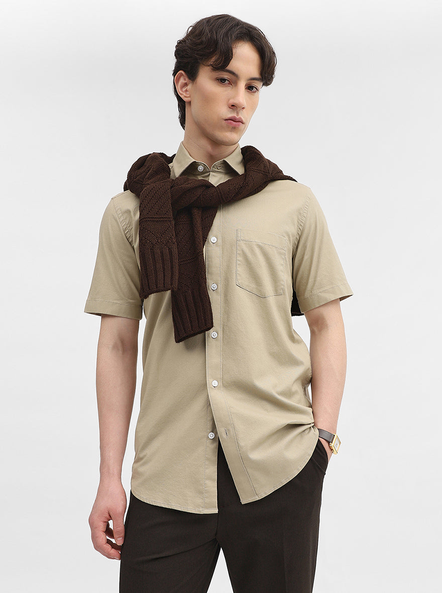 Khaki Solid Tailored Fit Semi Casual Shirt | JadeBlue